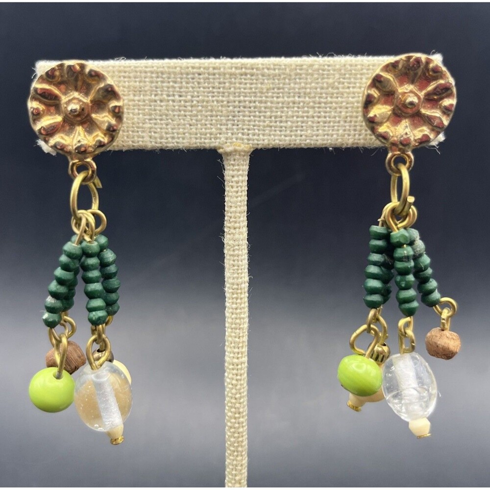 Vintage Boho Dangle Earrings Green Beaded Flower Medallion Pierced Wooden Glass